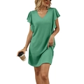 Grass green knit V-neck mini dress with ruffle sleeves and waffle texture for women - Green