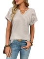 Casual dames-T-shirt met V-hals en strepen in de kleuren beige en wit - S / Abrikoos