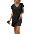 Women's summer black V-neck ruffled sleeve dress with textured fabric in a loose fit - S / Black