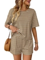 Women's 2-piece knit stripe lounge set in brown and white with short sleeve top - S / Khaki