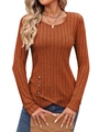 Slim fit rib-knit long sleeve top in caramel with asymmetric buttoned hem detail - Caramel color