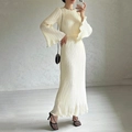 Detail of elegant cream pleated dress featuring unique flared cuffs and ruched texture fabric - S / Milky White