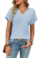 Dames v-hals korte mouw gestreepte casual top in blauw en wit wafelbreisel stof - S / Hemelsblauw