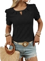 Women's black short sleeve tee with hollow out diamond texture and keyhole neckline - S / Black