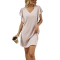 Light pink waffle knit V-neck mini dress with ruffle sleeves in a relaxed summer fit - S / Apricot