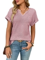 Dames T-shirt met korte mouwen en V-hals in elegante roze en witte fijne strepen - S / Bordeauxrood