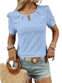 Light blue knit short sleeve T-shirt with hollow diamond pattern and puff sleeves - S / Sky Blue