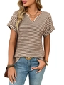 Women's V-neck striped short sleeve knit t-shirt in brown and white finish - Coffee
