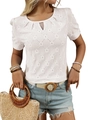 Women's white short sleeve knit top with hollow diamond pattern and puff sleeves - S / Off White