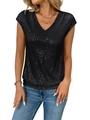 Top nero con paillettes e scollo a V da donna in tessuto glitterato elegante - S / Nero