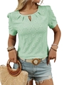 Short sleeve light green knit top with hollow neckline and diamond textured fabric - S / Green