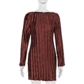 Detailed close-up of vertical pleated fabric texture on a red-brown long-sleeved dress - S / Brown Red