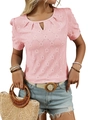 Pink short sleeve knit top with diamond hollow texture and V-neckline cutout detail - Pink