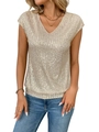 Top di paillettes color oro champagne con scollo a V e maniche corte eleganti - S / Champagne