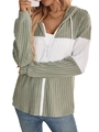 Women's zip hooded cardigan in grey green and white ribbed knit patchwork design - S / Bean Green