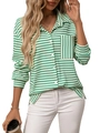 Women casual green and white striped long sleeve button shirt with waffle texture - S / Green