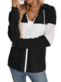 Women's ribbed color block hoodie with zipper and long sleeves in black and white - S / Black