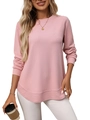 Pink waffle knit long sleeve crewneck top in a relaxed fit with asymmetric hem - S / Pink