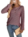 Women's red and white striped knit shirt with buttoned Henley collar and long sleeves - S / Burgundy