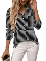 Women's casual black and white striped long sleeve shirt with a unique vertical stripe pocket - S / Black