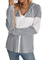 Women's zip-up hooded sweatshirt in grey and white colorblock with ribbed knit texture - S / Gray