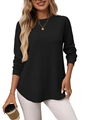 Women's black waffle knit long sleeve t-shirt with crew neck and curved hem detail - S / Black