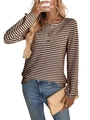 Brown and white striped waffle knit long sleeve henley shirt with wood buttons - S / Coffee