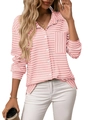 Casual loose-fit women's pink and white striped shirt with pocket and button collar - S / Pink