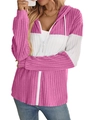 Women's pink and white color block zip-up hoodie with ribbed knit long sleeves - S / Rose Red