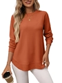 Women's loose waffle knit long sleeve T-shirt in brick red with curved hem detail - S / Caramel color