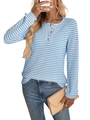 Women's blue and white striped long sleeve top with waffle texture and button detail - S / Blue