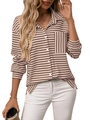 Women's beige striped waffle knit shirt with long sleeves and chest pocket - S / Khaki