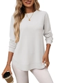 Women's casual white waffle knit long sleeve T-shirt with ribbed cuffs and curved hem - S / White