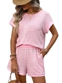 Roze en wit gestreepte gebreide tweedelige set met top met korte mouwen en korte broek - S / Roze