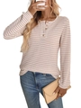 Women's waffle knit long sleeve henley shirt in cream stripes with four wooden buttons - Apricot