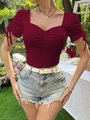 Slim fit burgundy square neck short sleeve top with drawstring and ribbon details - XL / Dark Red