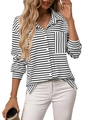 Women's casual striped long sleeve shirt with chest pocket and classic button-down front - White