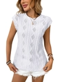 White sleeveless knit top with hollow diamond patterns and delicate ruffle trim - S / White