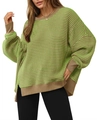 Women's loose crew neck sweater with green and brown thin stripes and ribbed cuffs - S / Green & Brown