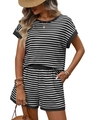 Dames tweedelige zomerset met zwart-witte strepen, ronde hals en bijpassende korte broek - S / Zwart