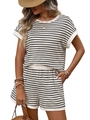 Dames zomerset van T-shirt en korte broek met zwart-witte strepen en wafelstructuur - S / Abrikoos