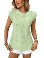 Women's light green knit sleeveless T-shirt with hollow diamond pattern and crew neck - Light Green
