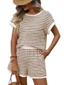 Women's two-piece summer casual set with brown and white stripes in waffle knit fabric - Khaki