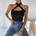 Close-up of black criss-cross halter top featuring ribbed knit fabric and sexy slim fit - XS / Black