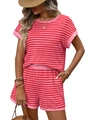 Women's summer two-piece lounge set with pink and red horizontal stripes and round neck - Rose Red