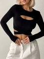 Slim fit black long sleeve crop top with hollow out chest detail and crisscross hem - S / Black
