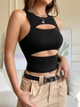 Retro black irregular cutout crop top for women with a slim fit American vintage style - S / Black