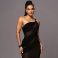 Detail of black one-shoulder dress with sheer mesh paneling and shimmering fabric - S / Black