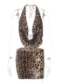 Detail of leopard print sequins on a two-piece halter crop top and mini skirt set - S / Top And Bottom / Leopard Print
