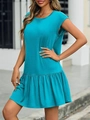 Detailed view of lake blue sleeveless mini dress with round neck and ruffled hemline - S / Lake Blue